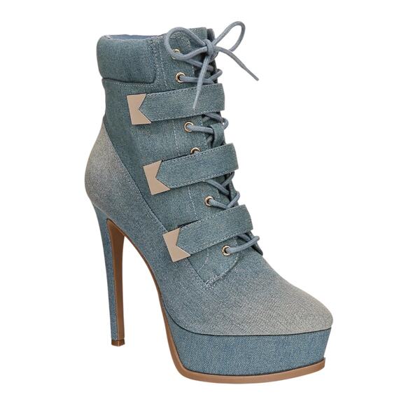 Thalia Sodi Women's Sasha Lace Up Stiletto Booties Blue Denim Size 8 1/2 - Picture 1 of 5